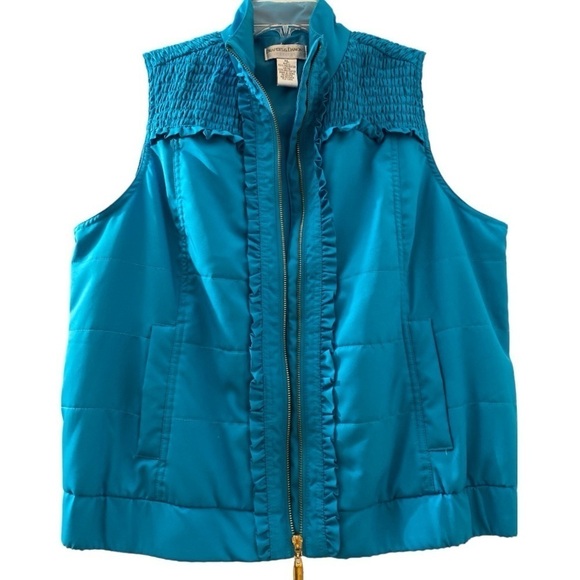 Draper’s and Damon’s vest, teal blue,  PL.  quilted satin.  Ruffles and smocking - Picture 1 of 6